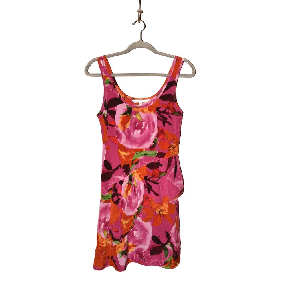 TRINA TURK $358 Scoop Neck Silk Floral Ruffle Mini Dress‎ Pink Size 4